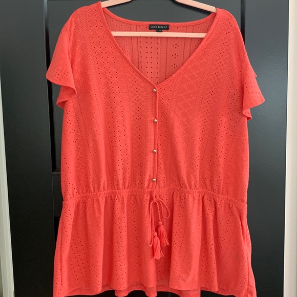 Lane Bryant Tops - Lane Bryant coral short sleeve top with eyelet cut outs. Size 22/24